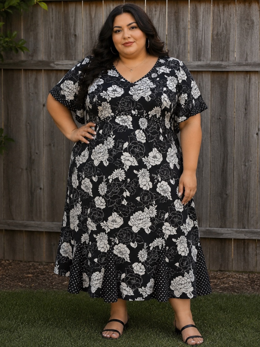 90s White Stag Plus Size Chiffon Black and White Floral Polka Dot Midi Dress 4X